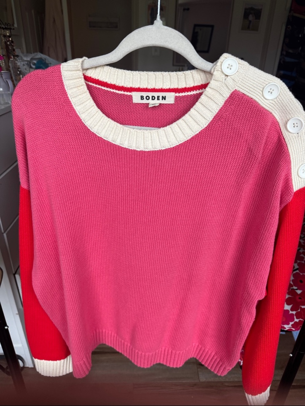 NWOT Boden 100% Cotton Pink Sweater Coral Sleeves, Cream Button-Shoulder  Large